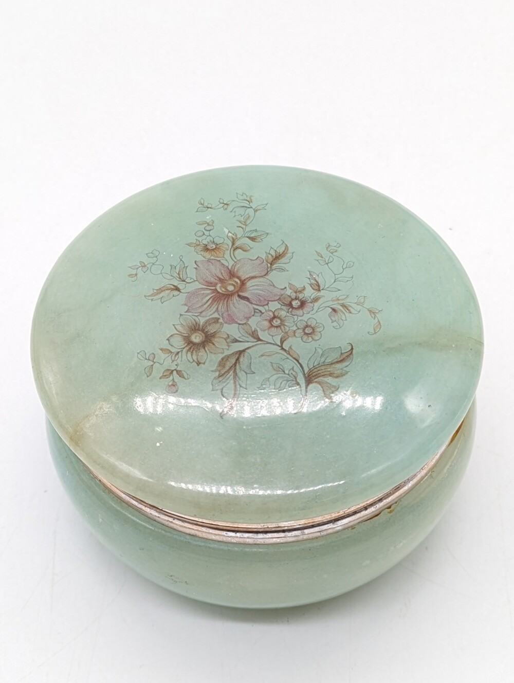 Vintage Green Floral Hand Carved Alabaster Hinged Trinket Dish